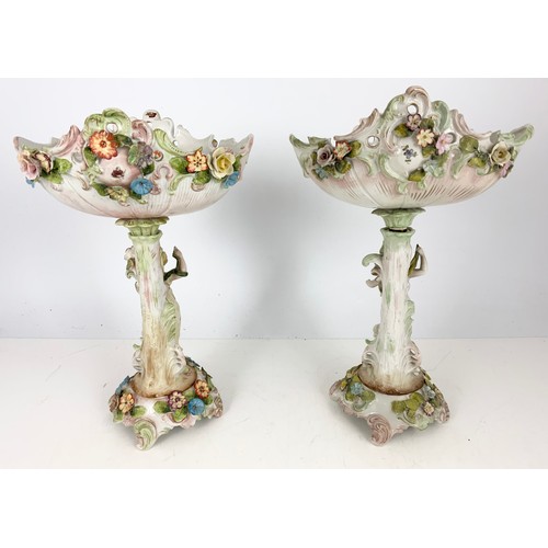 185 - 2 PORCELAIN FIGURAL TABLE CENTRE PIECES WITH OVAL BOWLS WITH PIERCED & ENCRUSTED DECORATION 35cm TAL... 