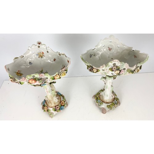 185 - 2 PORCELAIN FIGURAL TABLE CENTRE PIECES WITH OVAL BOWLS WITH PIERCED & ENCRUSTED DECORATION 35cm TAL... 