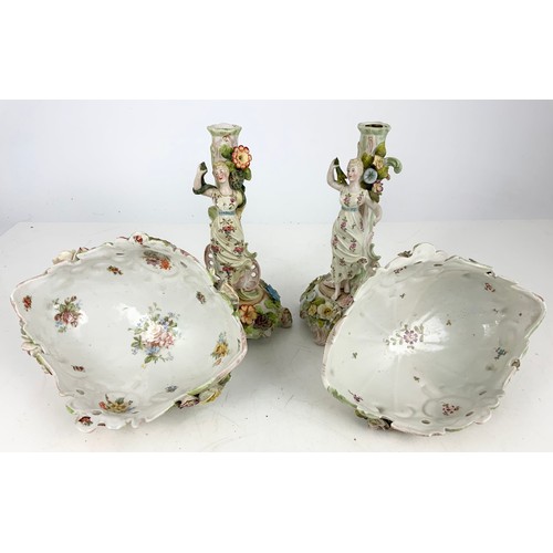 185 - 2 PORCELAIN FIGURAL TABLE CENTRE PIECES WITH OVAL BOWLS WITH PIERCED & ENCRUSTED DECORATION 35cm TAL... 