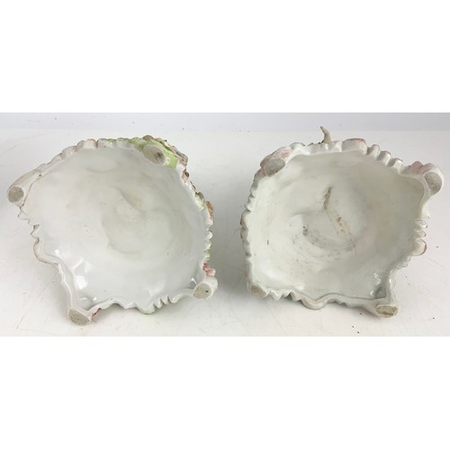 185 - 2 PORCELAIN FIGURAL TABLE CENTRE PIECES WITH OVAL BOWLS WITH PIERCED & ENCRUSTED DECORATION 35cm TAL... 