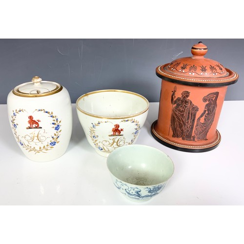 191 - MISC. CHINA AND PORCELAIN  CYLINDRICAL TEA CADDY WITH COVER AND A TEA BOWL, A CRESTED JAR AND COVER ... 