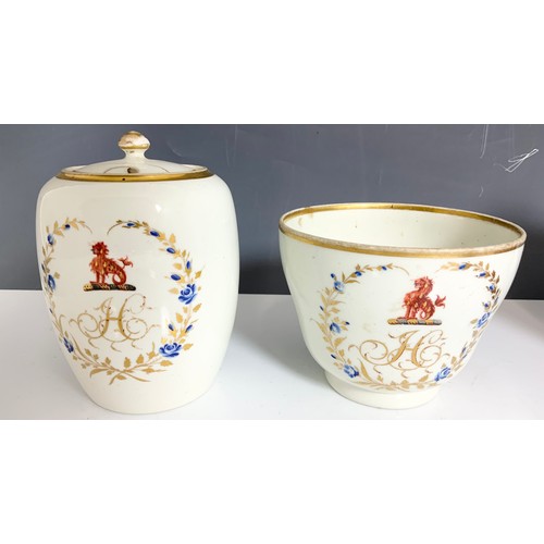 191 - MISC. CHINA AND PORCELAIN  CYLINDRICAL TEA CADDY WITH COVER AND A TEA BOWL, A CRESTED JAR AND COVER ... 