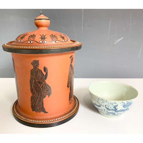 191 - MISC. CHINA AND PORCELAIN  CYLINDRICAL TEA CADDY WITH COVER AND A TEA BOWL, A CRESTED JAR AND COVER ... 