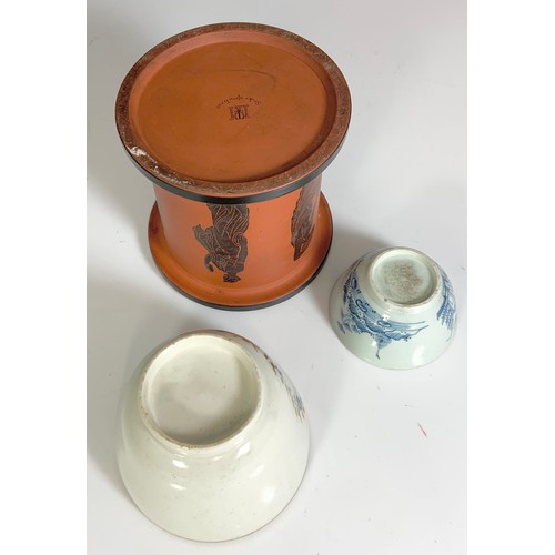 191 - MISC. CHINA AND PORCELAIN  CYLINDRICAL TEA CADDY WITH COVER AND A TEA BOWL, A CRESTED JAR AND COVER ... 