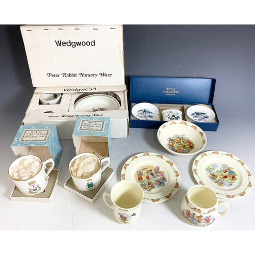 192 - ROYAL WORCESTER BIRTHDAY MUGS, PIN DISHES, WEDGWOOD PETER RABBIT NUSERY WARE SET , ROYAL DOULTON BUN... 