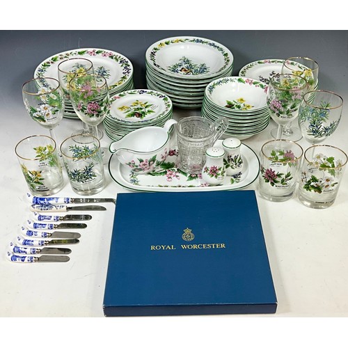 215 - LARGE QUANTITY ROYAL WORCESTER HERBS DINNER SERVICE, GLASSWARE AND SPODE CHEESE AND BUTTER KNIVES