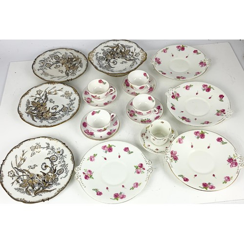 217 - ANTIQUE WEDGWOOD PLATES & COMPORT, FLORAL TEAWARE ETC