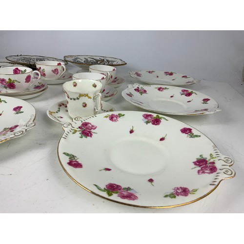 217 - ANTIQUE WEDGWOOD PLATES & COMPORT, FLORAL TEAWARE ETC