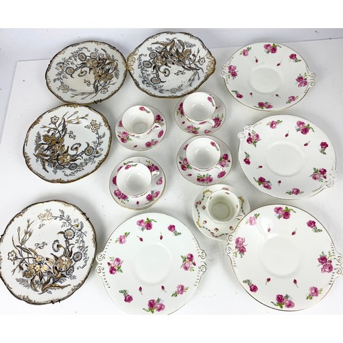 217 - ANTIQUE WEDGWOOD PLATES & COMPORT, FLORAL TEAWARE ETC