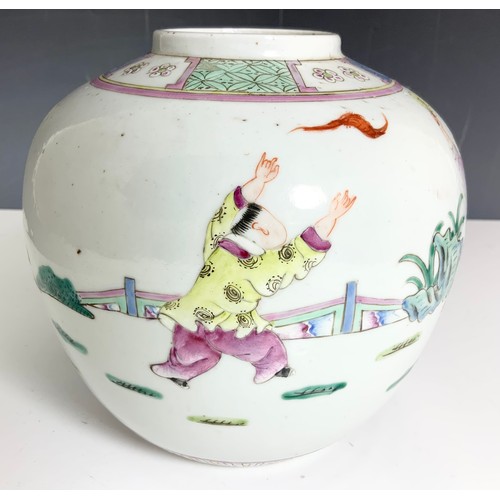 225 - ORIENTAL GINGER JAR WITH FOUR CHARACTER MARKS TO BASE  LACKING COVER 17cm TALL