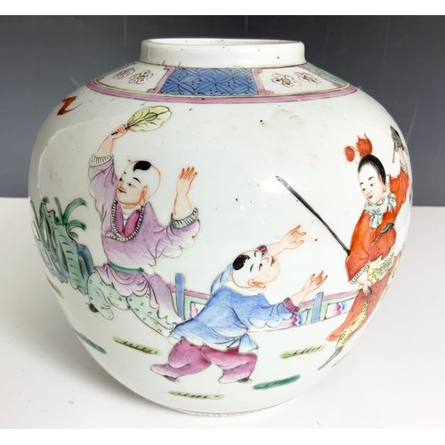 225 - ORIENTAL GINGER JAR WITH FOUR CHARACTER MARKS TO BASE  LACKING COVER 17cm TALL