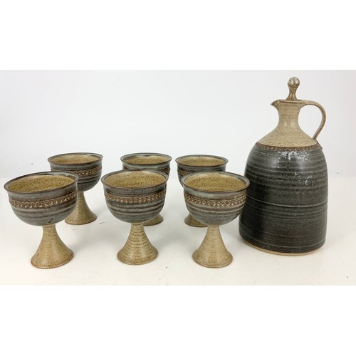 240 - STUDIO POTTERY WINE SET WITH DECANTER &  6 GOBLETS