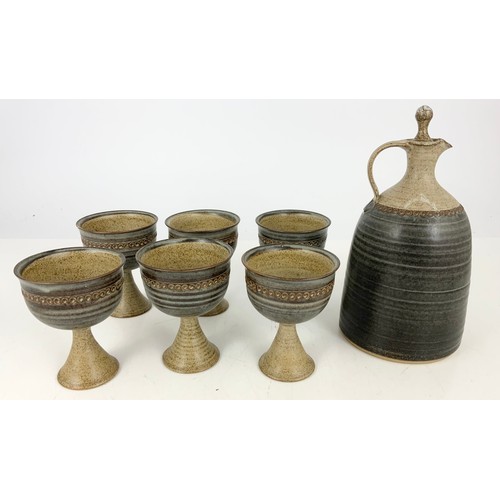 240 - STUDIO POTTERY WINE SET WITH DECANTER &  6 GOBLETS