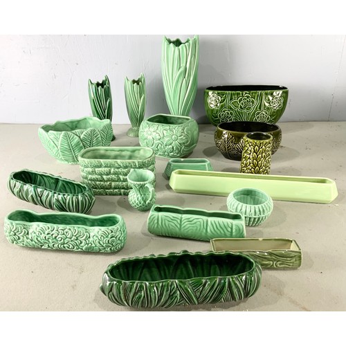 256 - QUANTITY OF GREEN GLAZED SYLVAC POTTERY PLANTERS VASES ETC TALLEST 28cm