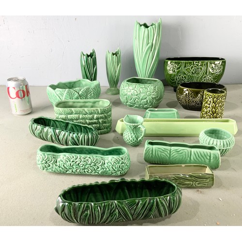 256 - QUANTITY OF GREEN GLAZED SYLVAC POTTERY PLANTERS VASES ETC TALLEST 28cm