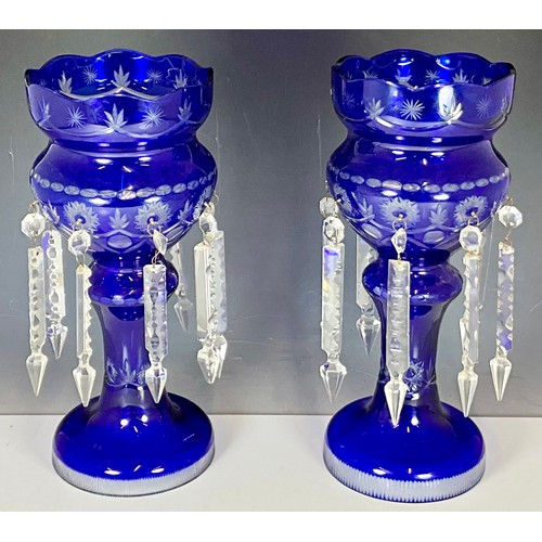 260 - A PAIR OF ANTIQUE VICTORIAN COBALT BLUE GLASS MANTEL LUSTRES