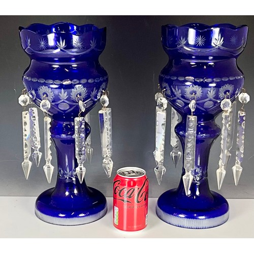 260 - A PAIR OF ANTIQUE VICTORIAN COBALT BLUE GLASS MANTEL LUSTRES