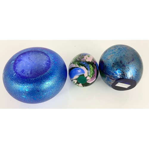 264 - THREE IRIDESCENT GLASS PAPERWEIGHTS INC HERON & GOZO GLASS