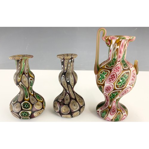 267 - 3 SMALL VENETIAN GLASS VASES .  1 AF TALLEST 9.5cm