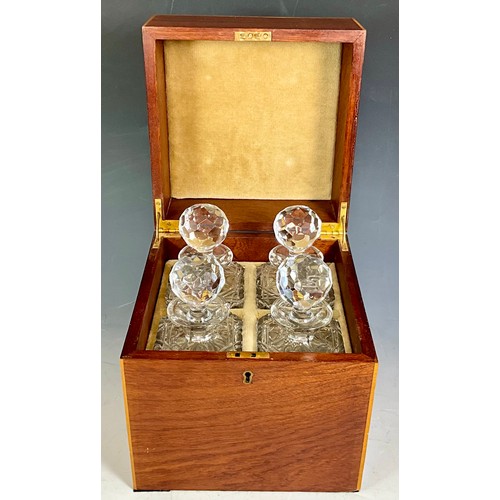 277 - EDWARDIAN INLAID MAHOGANY DECANTER TANTALUS BOX WITH 4 CUT GLASS DECANTERS