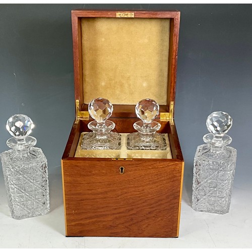 277 - EDWARDIAN INLAID MAHOGANY DECANTER TANTALUS BOX WITH 4 CUT GLASS DECANTERS