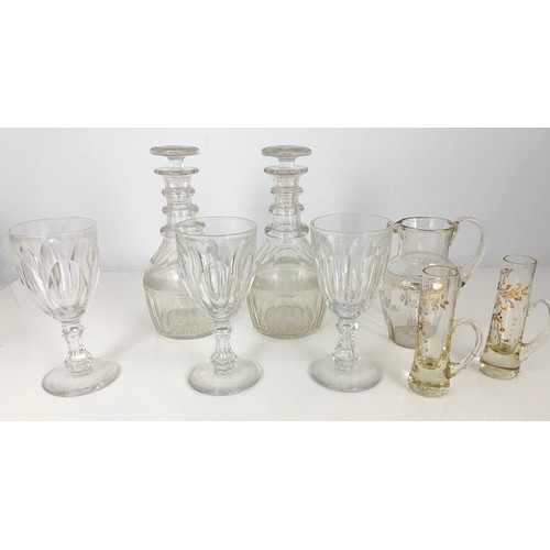 279 - MISC. GLASSWARE INCLUDING PAIR OF DECANTERS, THREE WINE GLASSES, JUG AND TWO GLASSES WITH GILT DECOR... 