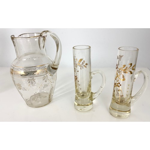 279 - MISC. GLASSWARE INCLUDING PAIR OF DECANTERS, THREE WINE GLASSES, JUG AND TWO GLASSES WITH GILT DECOR... 