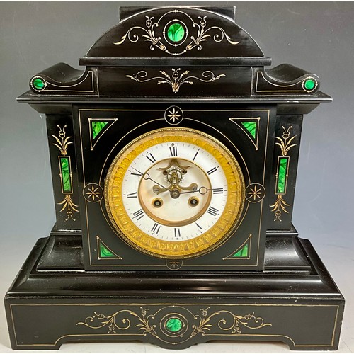 291 - FRENCH MEDAILLE DE BRONZE -SAMUEL MARTI ET CIE  BLACK SLATE AND MALACHITE MANTLE CLOCK