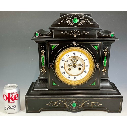 291 - FRENCH MEDAILLE DE BRONZE -SAMUEL MARTI ET CIE  BLACK SLATE AND MALACHITE MANTLE CLOCK