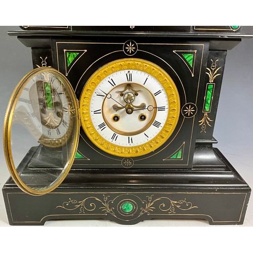 291 - FRENCH MEDAILLE DE BRONZE -SAMUEL MARTI ET CIE  BLACK SLATE AND MALACHITE MANTLE CLOCK