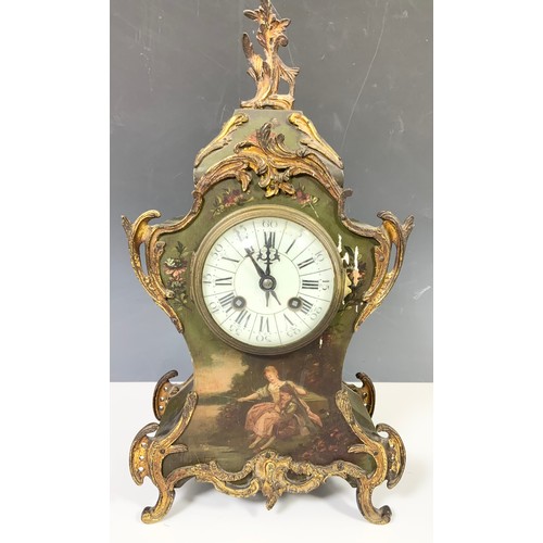 292 - CONTINENTAL MANTLE CLOCK WITH HAND PAINTED DECORATION AND GILT MOUNTS 36cm TALL