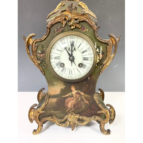 292 - CONTINENTAL MANTLE CLOCK WITH HAND PAINTED DECORATION AND GILT MOUNTS 36cm TALL