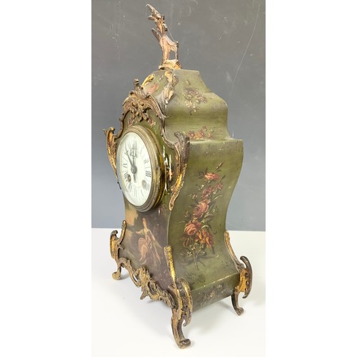 292 - CONTINENTAL MANTLE CLOCK WITH HAND PAINTED DECORATION AND GILT MOUNTS 36cm TALL