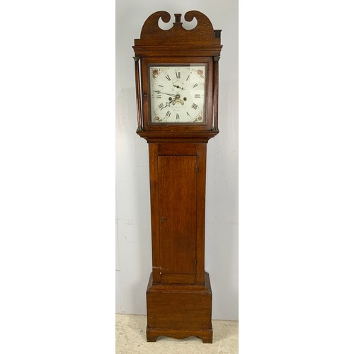 290 - OAK LONGCASE CLOCK, PAINTED DIAL, 8 DAY MOVEMENT, SUBSIDIARY SECONDS AND DATE APERTURE, INDISTINCTLY... 