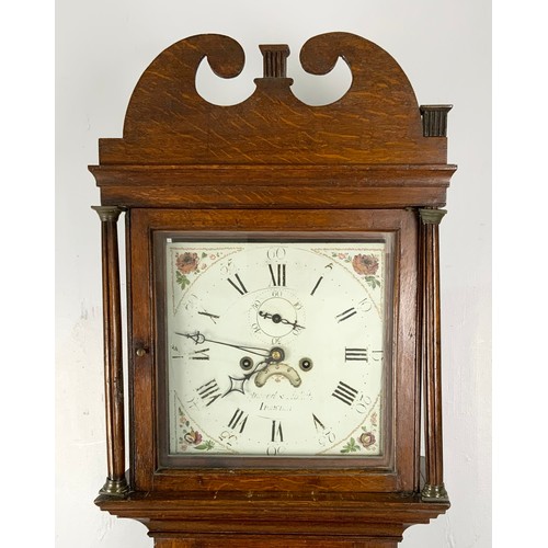 290 - OAK LONGCASE CLOCK, PAINTED DIAL, 8 DAY MOVEMENT, SUBSIDIARY SECONDS AND DATE APERTURE, INDISTINCTLY... 