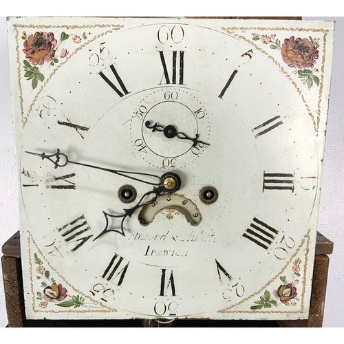 290 - OAK LONGCASE CLOCK, PAINTED DIAL, 8 DAY MOVEMENT, SUBSIDIARY SECONDS AND DATE APERTURE, INDISTINCTLY... 