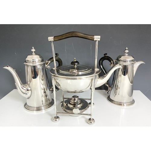 321 - SILVER PLATED SPIRIT KETTLE ON STAND WITH BURNER & A SILVER PLATED COFFEE POT  & HOT WATER JUG