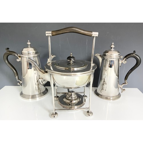 321 - SILVER PLATED SPIRIT KETTLE ON STAND WITH BURNER & A SILVER PLATED COFFEE POT  & HOT WATER JUG