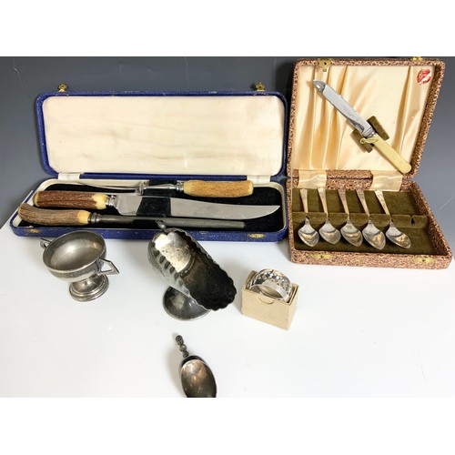 326 - CASED CARVING SET WITH ANTLER HANDLES WITH SILVER PLATED WEAR INC HELMET SALT, TROPHY SERVIETTE RING... 