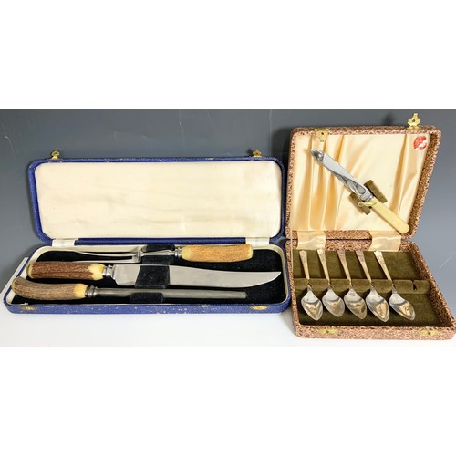 326 - CASED CARVING SET WITH ANTLER HANDLES WITH SILVER PLATED WEAR INC HELMET SALT, TROPHY SERVIETTE RING... 