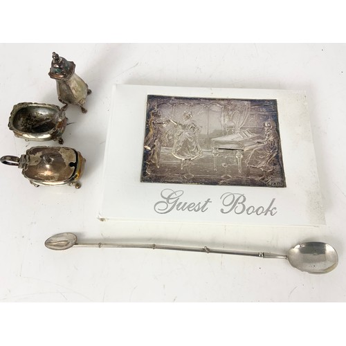 322 - A GUEST BOOK WITH HALLMARKED SILVER COVER  BOXED A SILVER PLATED MAPPIN & WEBB CRUET SET & A LONG DO... 