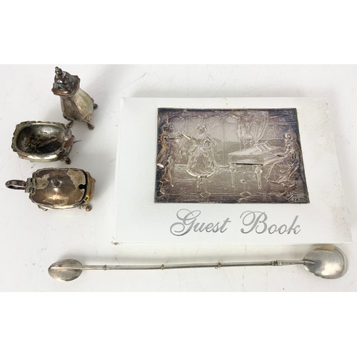 322 - A GUEST BOOK WITH HALLMARKED SILVER COVER  BOXED A SILVER PLATED MAPPIN & WEBB CRUET SET & A LONG DO... 