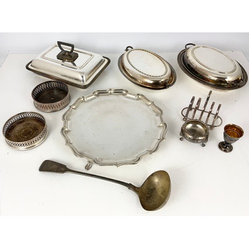 317 - MIC. SILVER PLATED INC GOOD QUALITY PIE CRUST TRAY ON 3 HOOF FEET , 3 SERVING DISHES / TUREENS, 2 BO... 