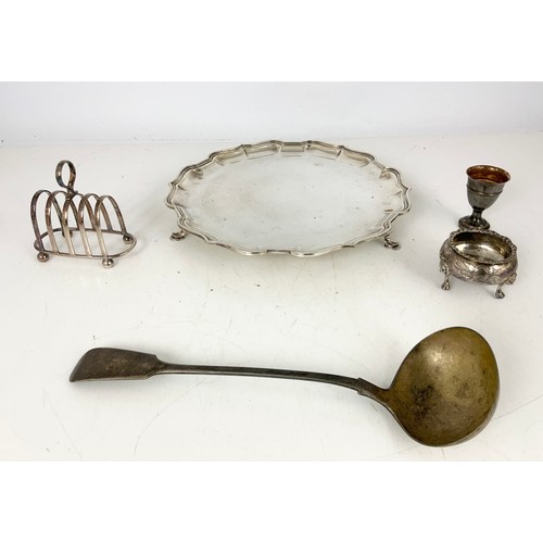 317 - MIC. SILVER PLATED INC GOOD QUALITY PIE CRUST TRAY ON 3 HOOF FEET , 3 SERVING DISHES / TUREENS, 2 BO... 