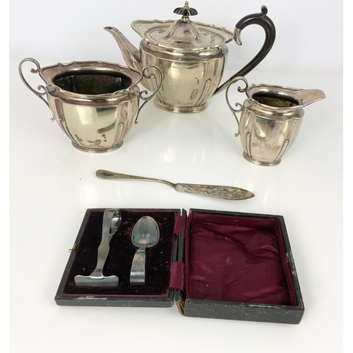 327 - SILVER PLATED THREE PIECE TEA SET WITH A CASED BABY SPOON & PUSHER ETC