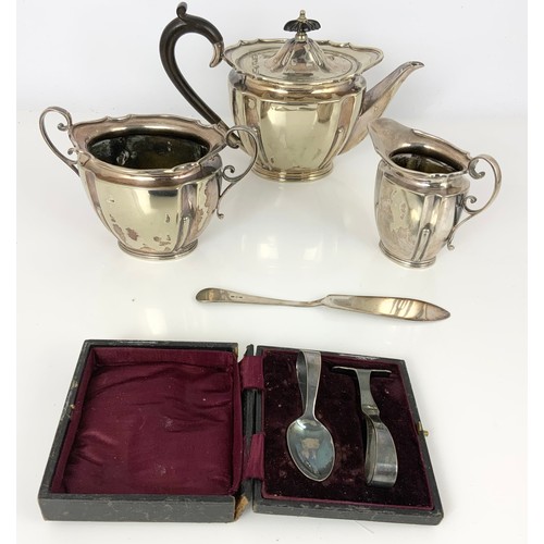 327 - SILVER PLATED THREE PIECE TEA SET WITH A CASED BABY SPOON & PUSHER ETC