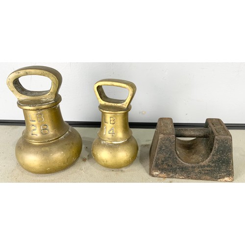 357 - 28LB AND 14LB BELL WEIGHTS TOGETHER WITH ONE OTHER 14LB WEIGHT