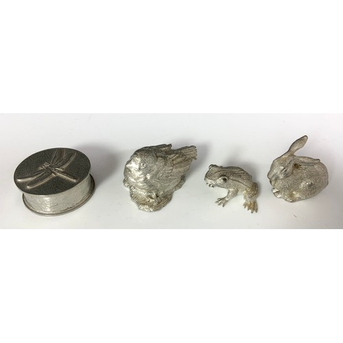 337 - THREE PEWTER ANIMAL FIGURES AND TRINKET BOX