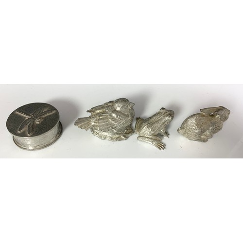 337 - THREE PEWTER ANIMAL FIGURES AND TRINKET BOX