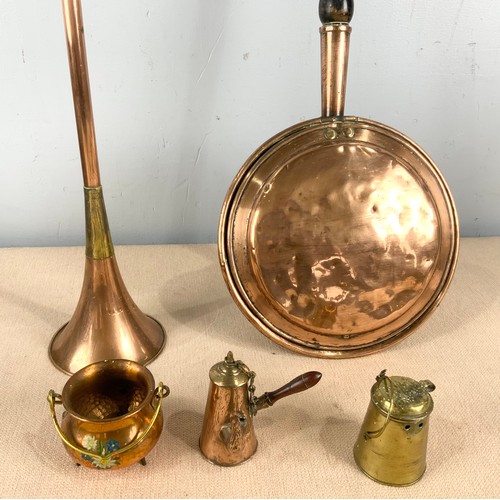 344 - MISC. BRASSWARE TO INCLUDE THREE UNUSUAL VESSELS AND A WARMING PAN , COACHING HORN ETC